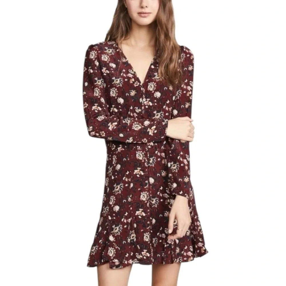 Veronica Beard Riggins Silk Floral Print Flounced Mini Dress in Bordeaux - 10